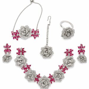 Designer American Diamond Ruby Floral Jewellery Set