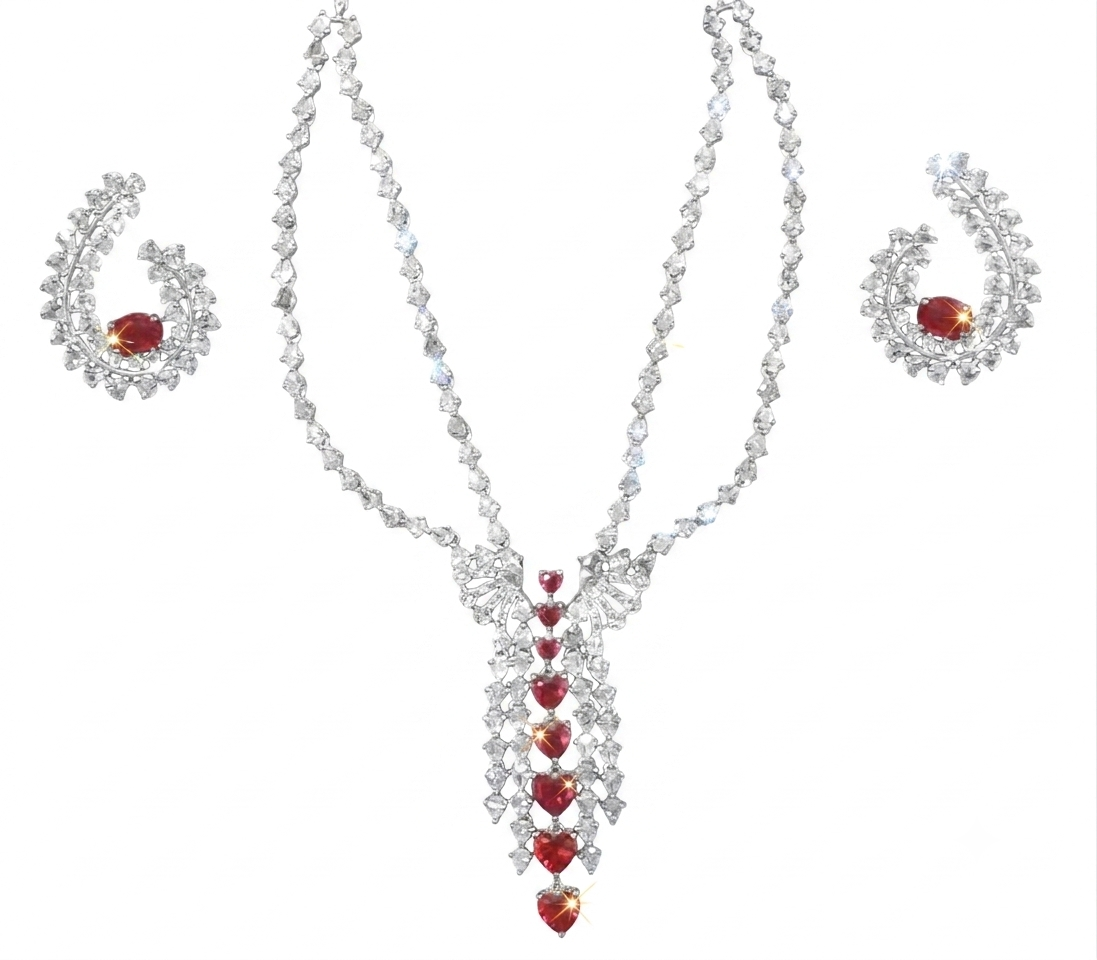 Elegant Diamond and Ruby Tiered Necklace & Hoop Earring Set